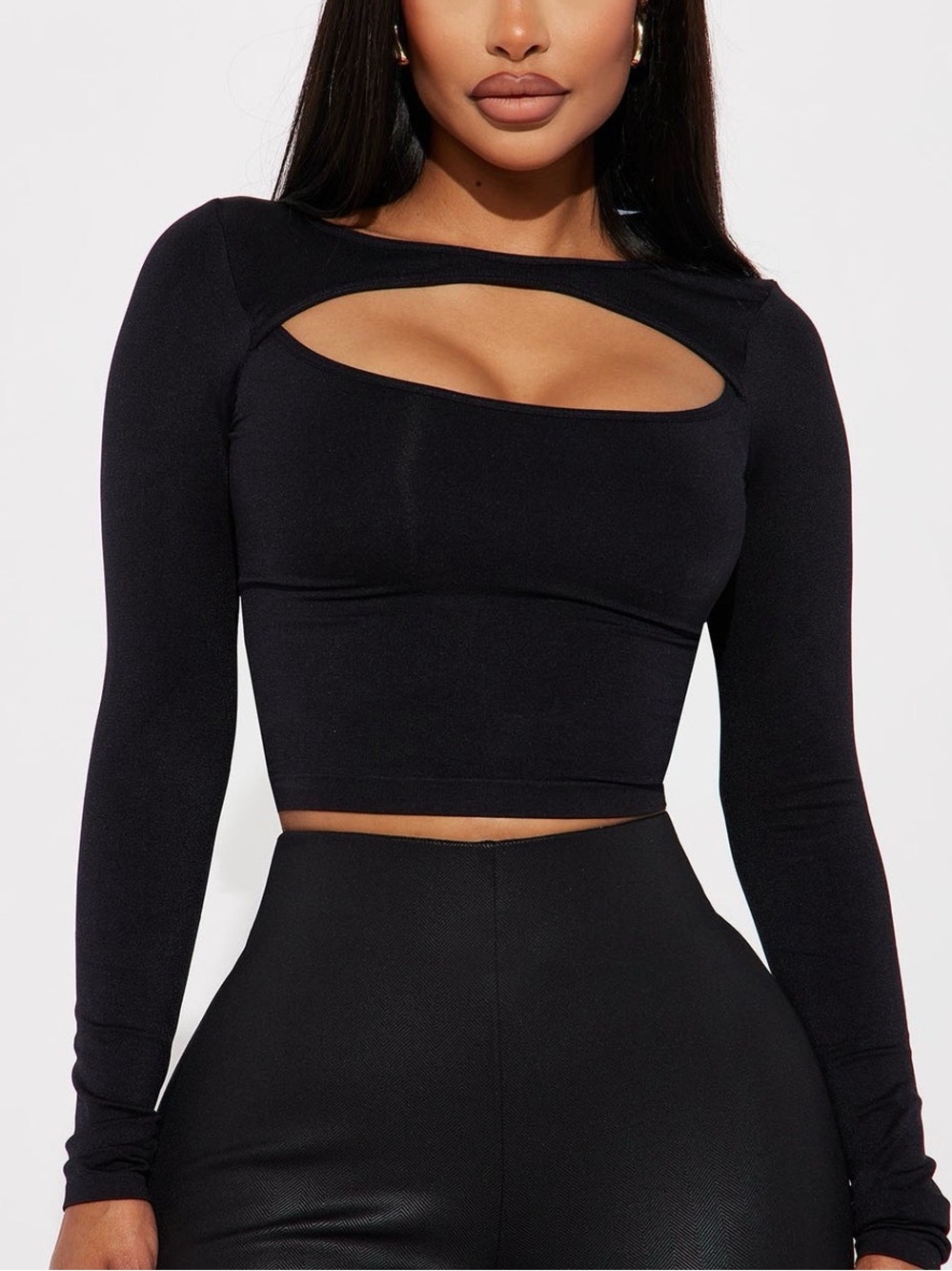 Cutout Long Sleeve Crop Top - Black
